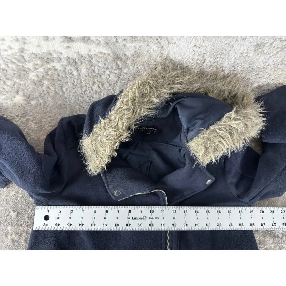 CoffeeShop Womens Sz S Faux Fur Full Zip Jacket Navy Long Sleeve Hooded‎ Outdoor
